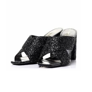 Saint Laurent LouLou 70 Square Toe Sparkle Chunky Block Heel Mules